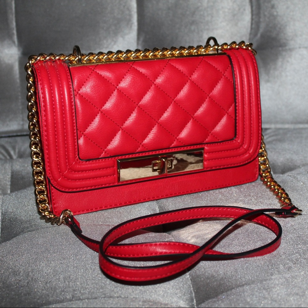Aldo Red Quilted Crossbody Bag with Gold Chain